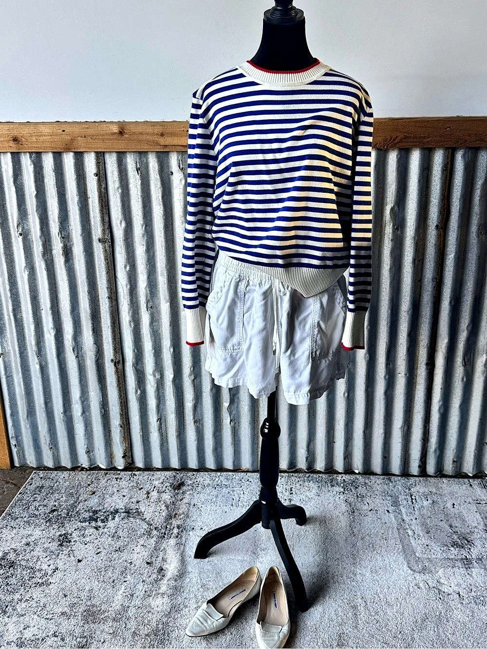 Cream Tweed Double Breasted Gold Button Blazer and Blue Striped Sweater - Picture 2 of 11
